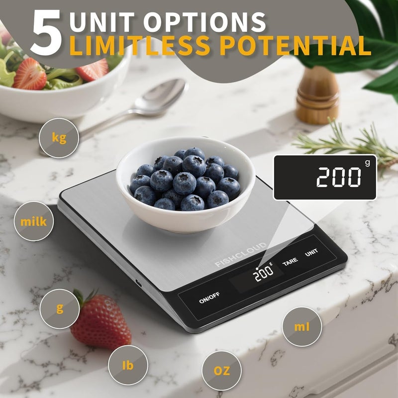 FISHCLOUD Food Scale - Rechargeable Digital Kitchen Scale 33lb, 1g/0.05oz Precision, Type-C, Stainless Steel, Grams/Ounces, LCD Display, for Cooking/Baking/Meal Prep (Ash Silver) - Image 3